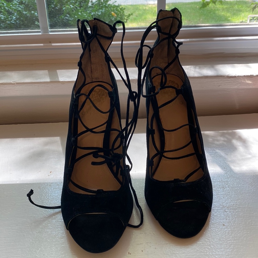 Black suede lace up Vince Camuto heels